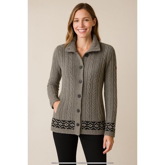 BOGNER FIRE & ICE BUTTON FRONT CARDIGAN SWEATER WOOL BLD CABLE KNIT APRES SKI S - Picture 1 of 10